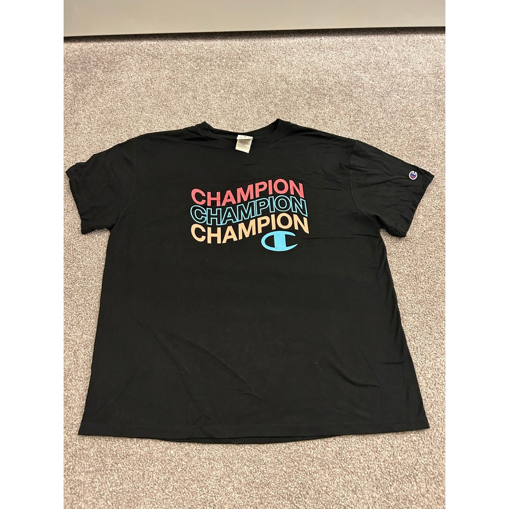 Champion‎ Graphic T-Shirt Mens M Black Excellent Stacked Logo Short Sleeve Tee